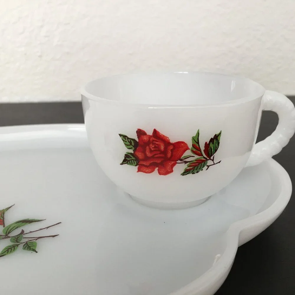 2 Vintage White Milk Glass Scalloped Plates & Tea Cup Snack Set Floral Red Roses